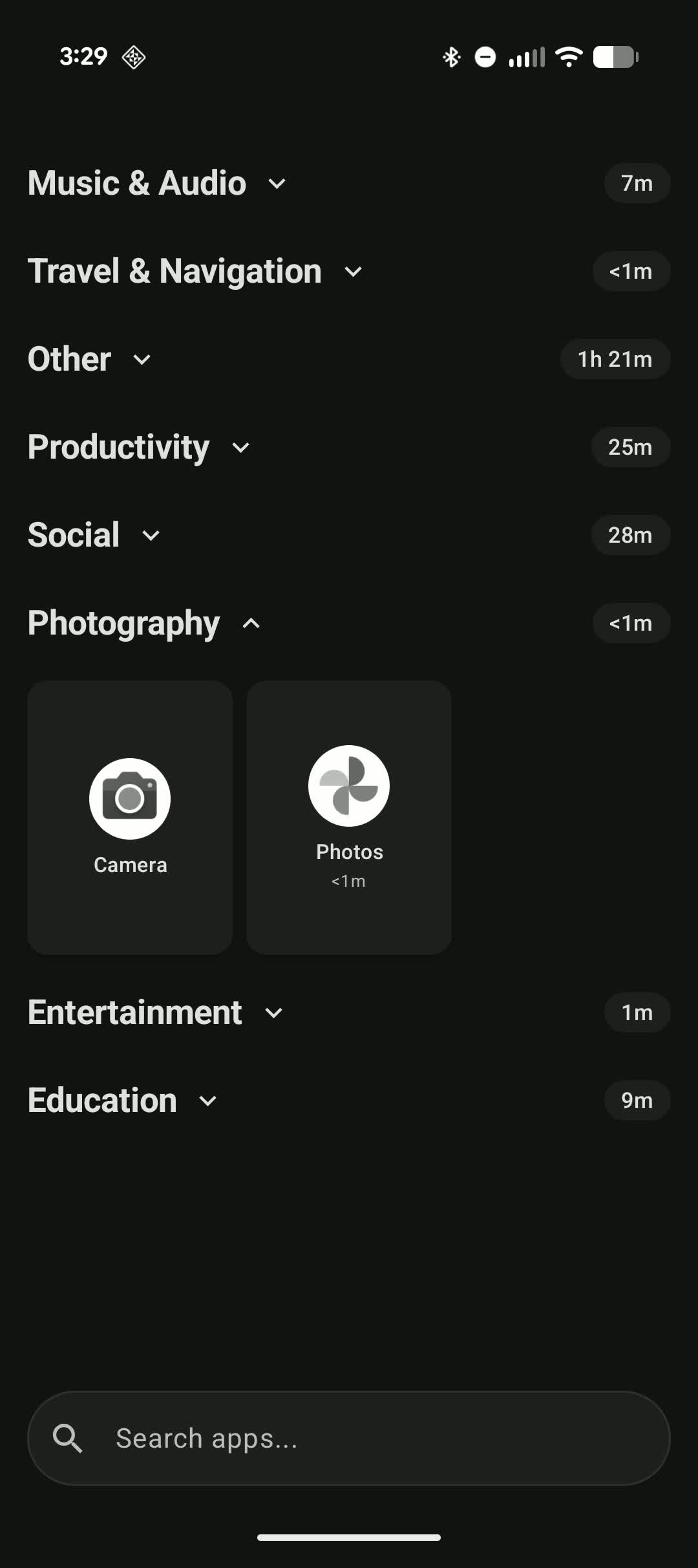 App drawer with organized, collapsible folders